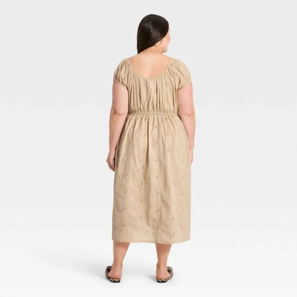Women's Cap Sleeve Eyelet Midi Sundress - Universal Thread Tan XXL